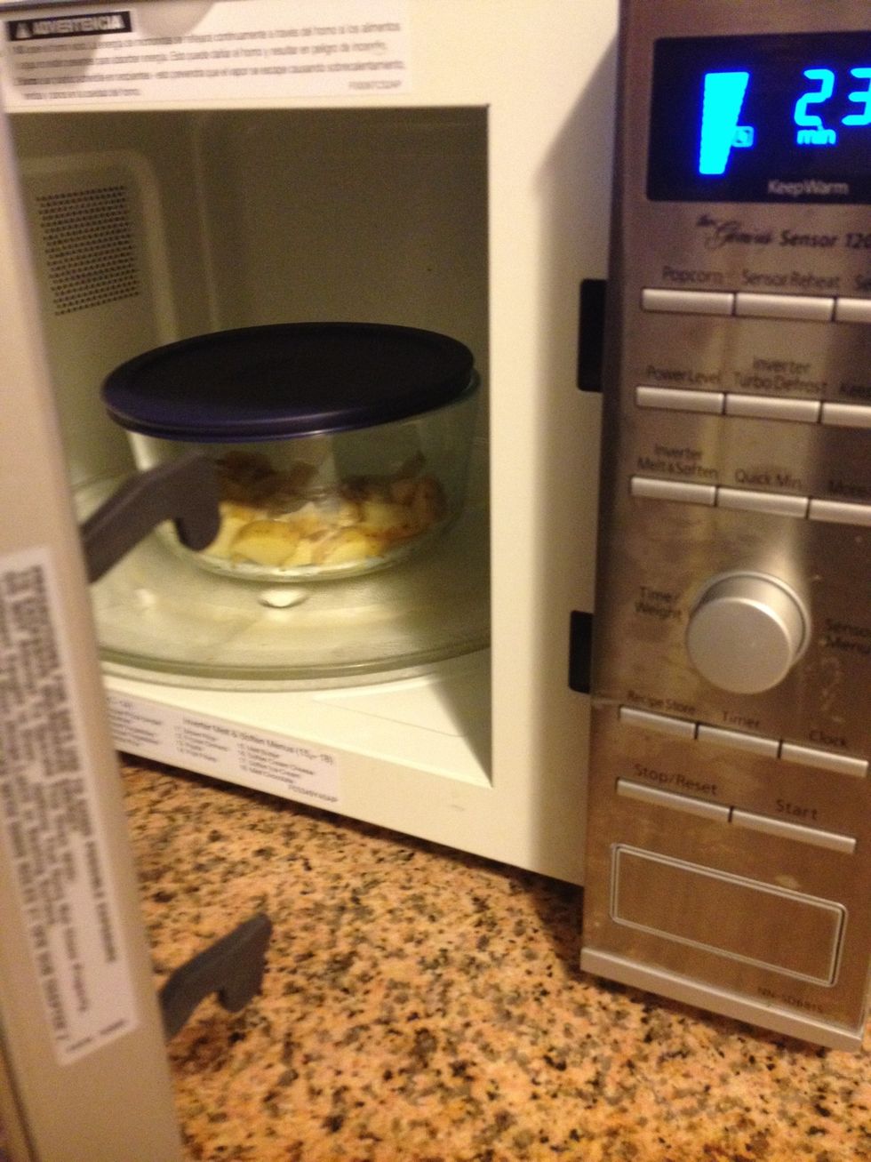 Cover and microwave - time will vary depending on quantity ( of potato and size) and power of your microwave. Using 1200watt state of the art microwave I do one minute and 15 seconds per small potato