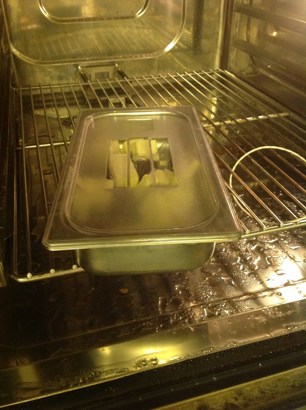 Cover and place into combi oven.