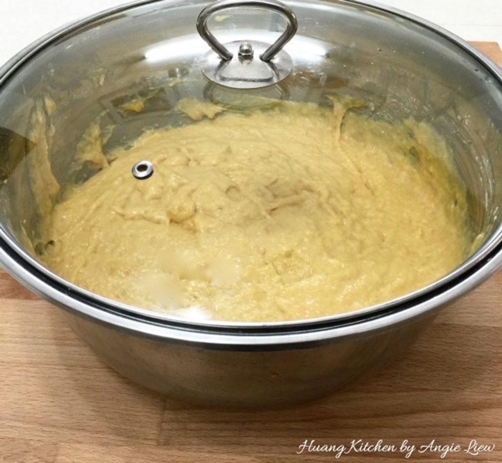 Cover and set aside to proof for 3 hours. Stir occasionally into batter if it rises too high while proofing.
