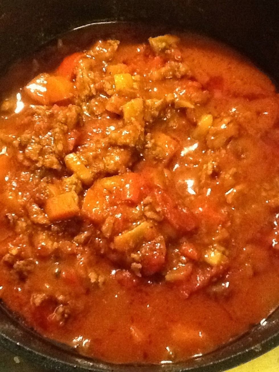 Cover and simmer the mixture for as long as possible. 15 minutes at a bare minimum but ideally an hour. This is delicious if cooked in a slow cooker for several hours.