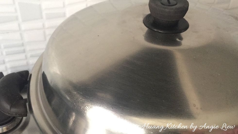 Cover and steam them for 12 minutes on medium high heat, or until the egg custard is set. While steaming, lift the lid up a bit and let some steam to escape, if possible every 4 minutes.