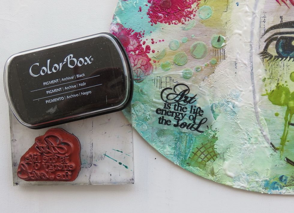 Cover around the face with Crackle paste and let it dry (no photo of this step, sorry). Stamp the sentiment over vellum with heat embossing and glue it over the piece as shown.