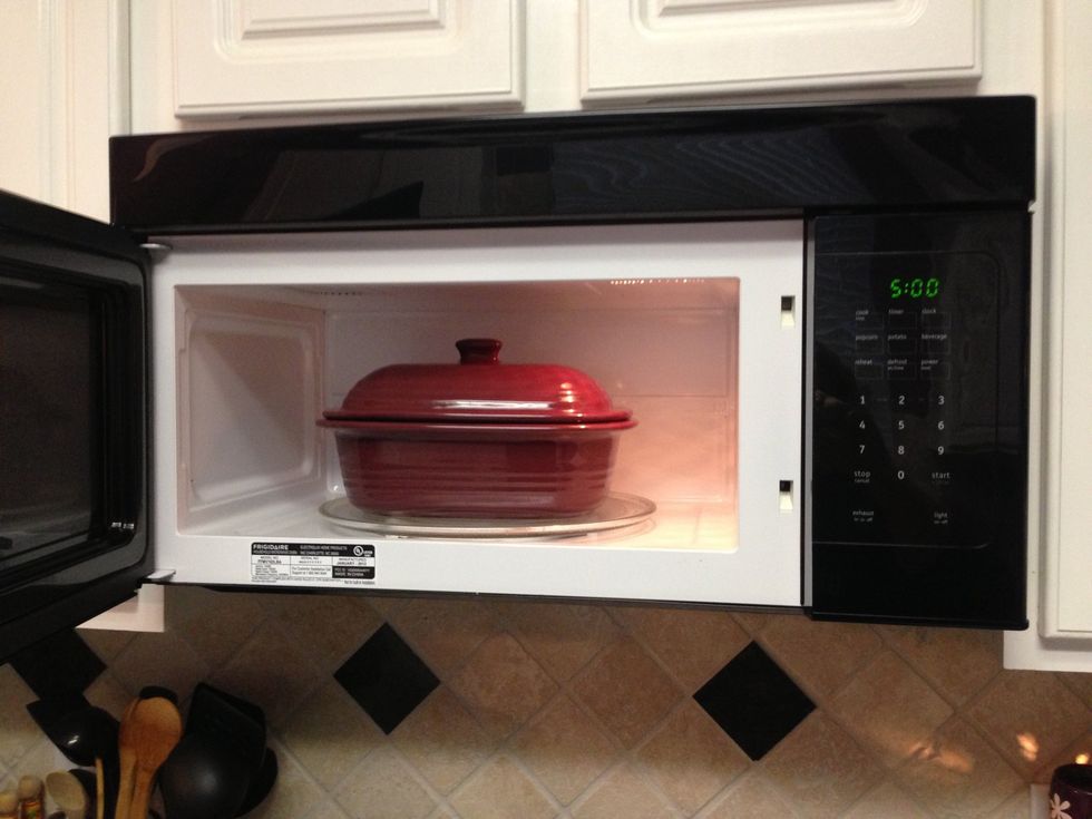 Cover baker & place in Microwave. Cook 5 minutes on High.
