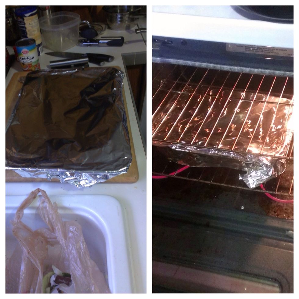 Cover bakig dish with aluminum foil and place in preheated oven