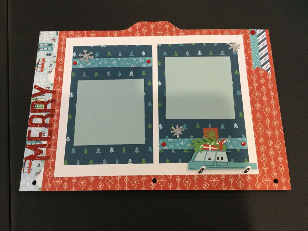 Cover base with red diamond. Glue paper is 1 X 8. White mat is 9 X 7. Blue Christmas Tree mats cut 2- 4 X 6. Light blue mats 3 X 3, decorate as shown. Car is popped up. Blue strips are a zip strip!