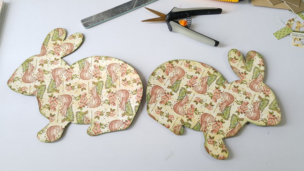 Cover both sides of the rabbit chipboard pieces with your favorite Graphic 45 papers