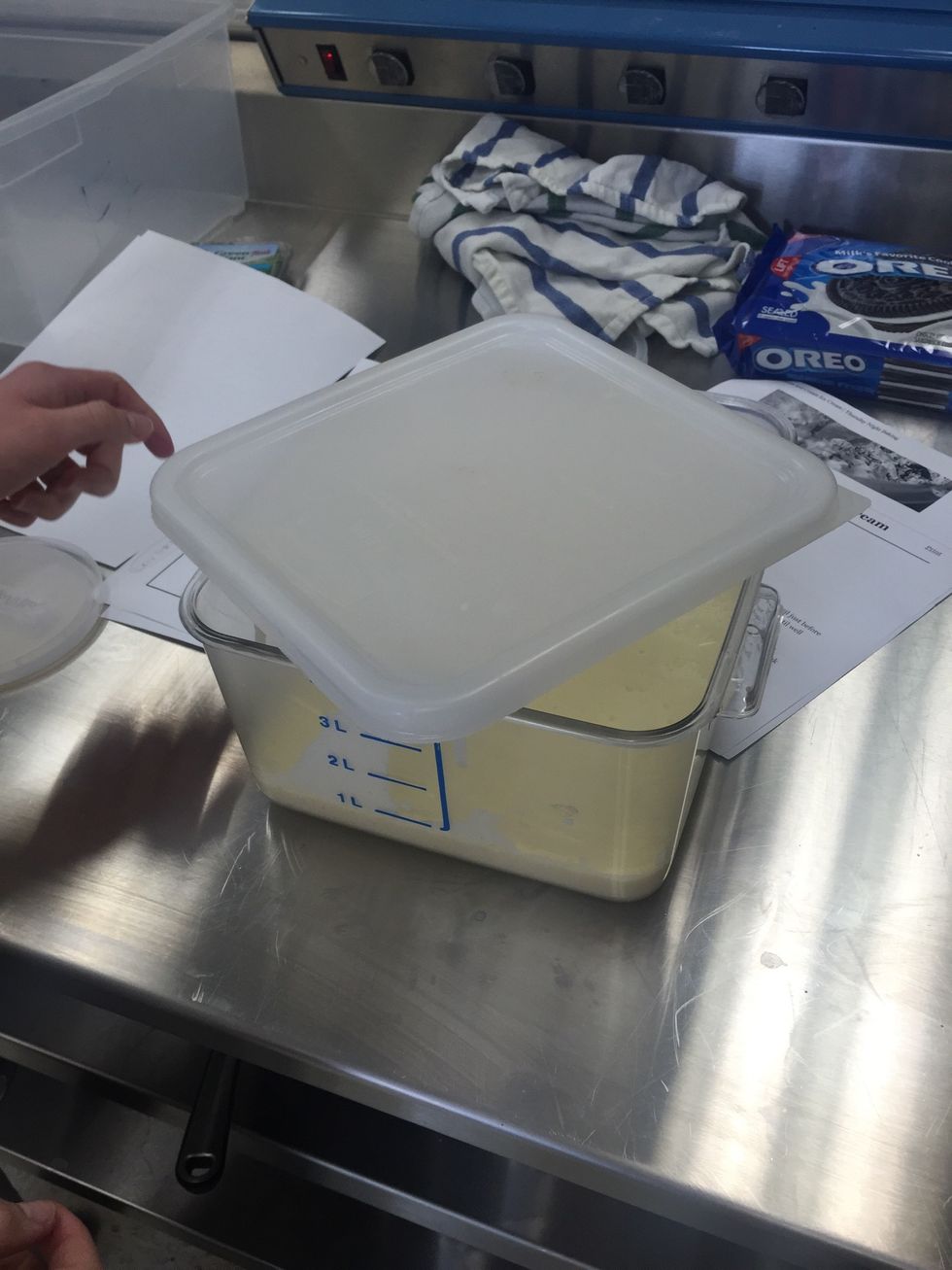Cover container and chill in the refrigerator until chilled. (3 hours) You can use an ice bath before putting into the fridge to try and speed up the process. Place ice cream mixer bowl in freezer.