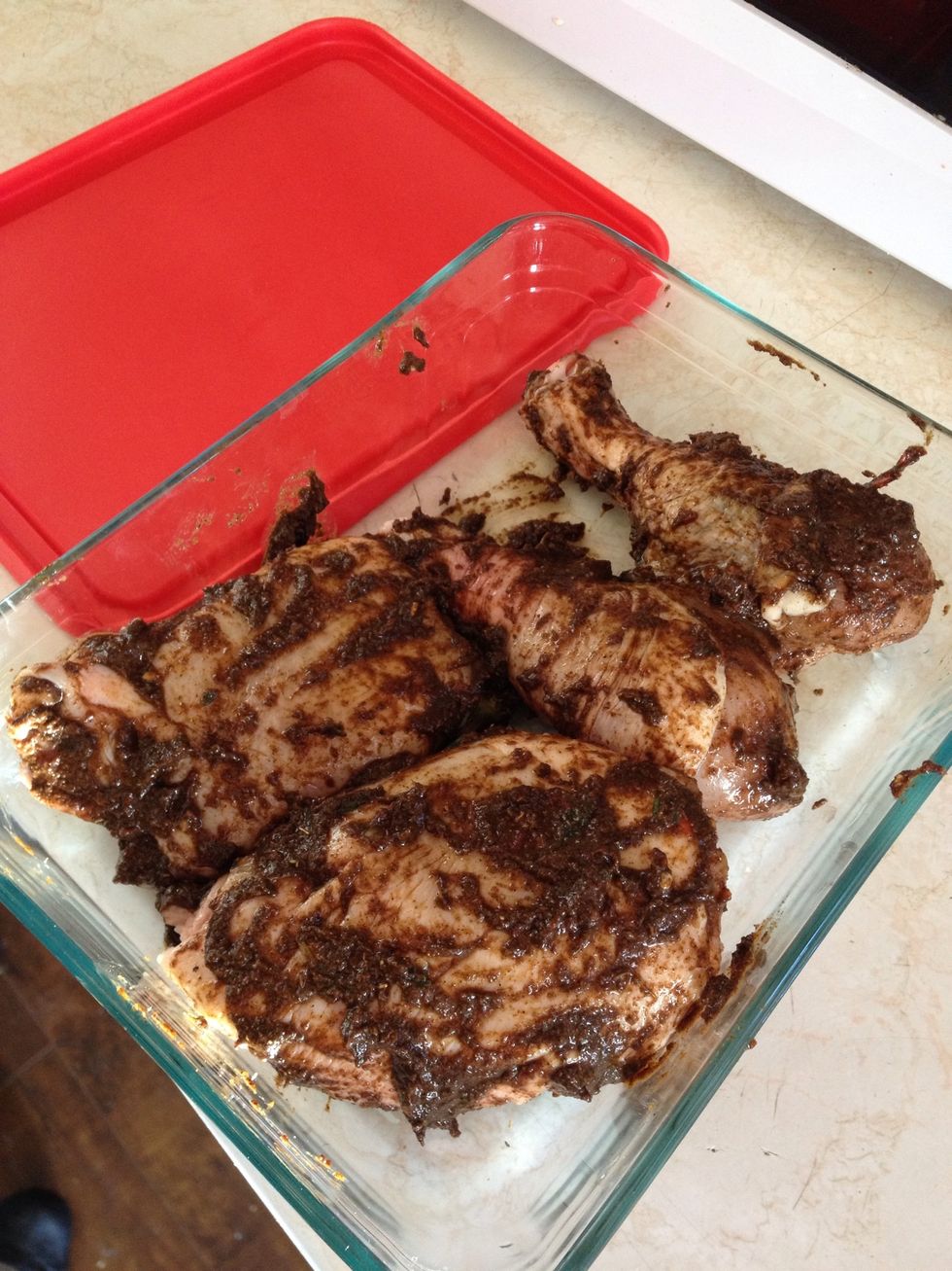 Cover in jerk seasoning for at least 8 hours, preferably overnight. Bake at 350' until cooked through!