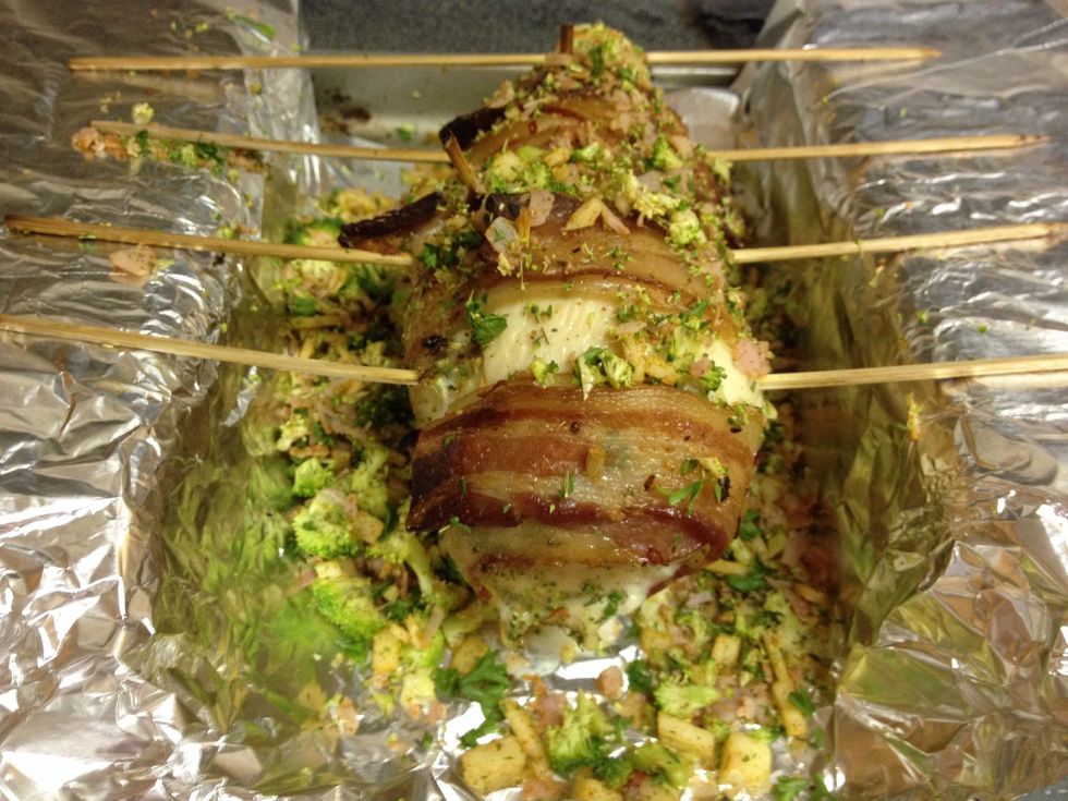Cover in remaining stuffing. Let most of it fall into the bottom. Where all the bacony goodness is. Put back in the oven. 45 minutes. Don't worry the bacon keeps in the moist flavor.
