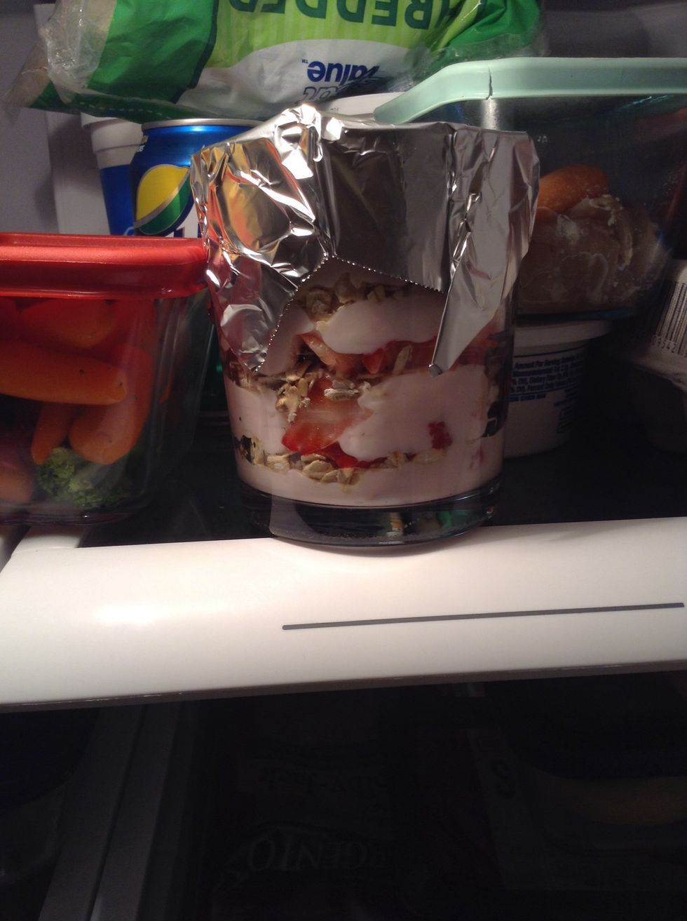 Cover in tin foil. Put in fridge overnight. In the morning, your delicious breakfast will be ready!