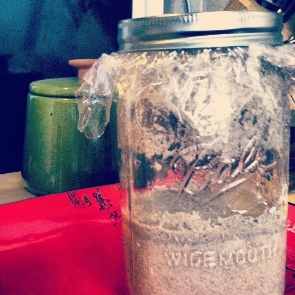 Cover loosely and let sit over-night. I use a few layers of plastic wrap with some slits cut in it as a lid. If you seal the container the gas that builds up during fermentation may cause an explosion