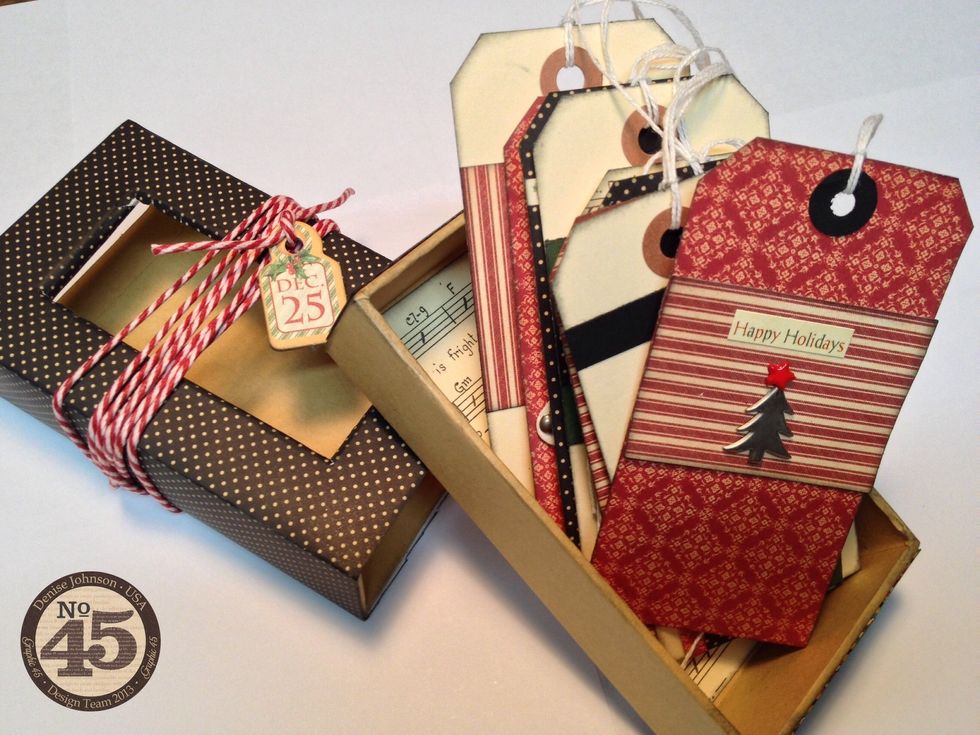Cover matchbook box with black & cream polka dot paper. Slide in decorated tags.