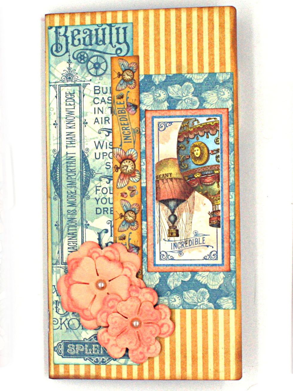 Cover of Signature 2:  Die cut flowers with Graphic 45's flower dies, ink the edges and stack.  Use scraps as shown to decorate the cover of this signature and  embellish with your handmade flowers.