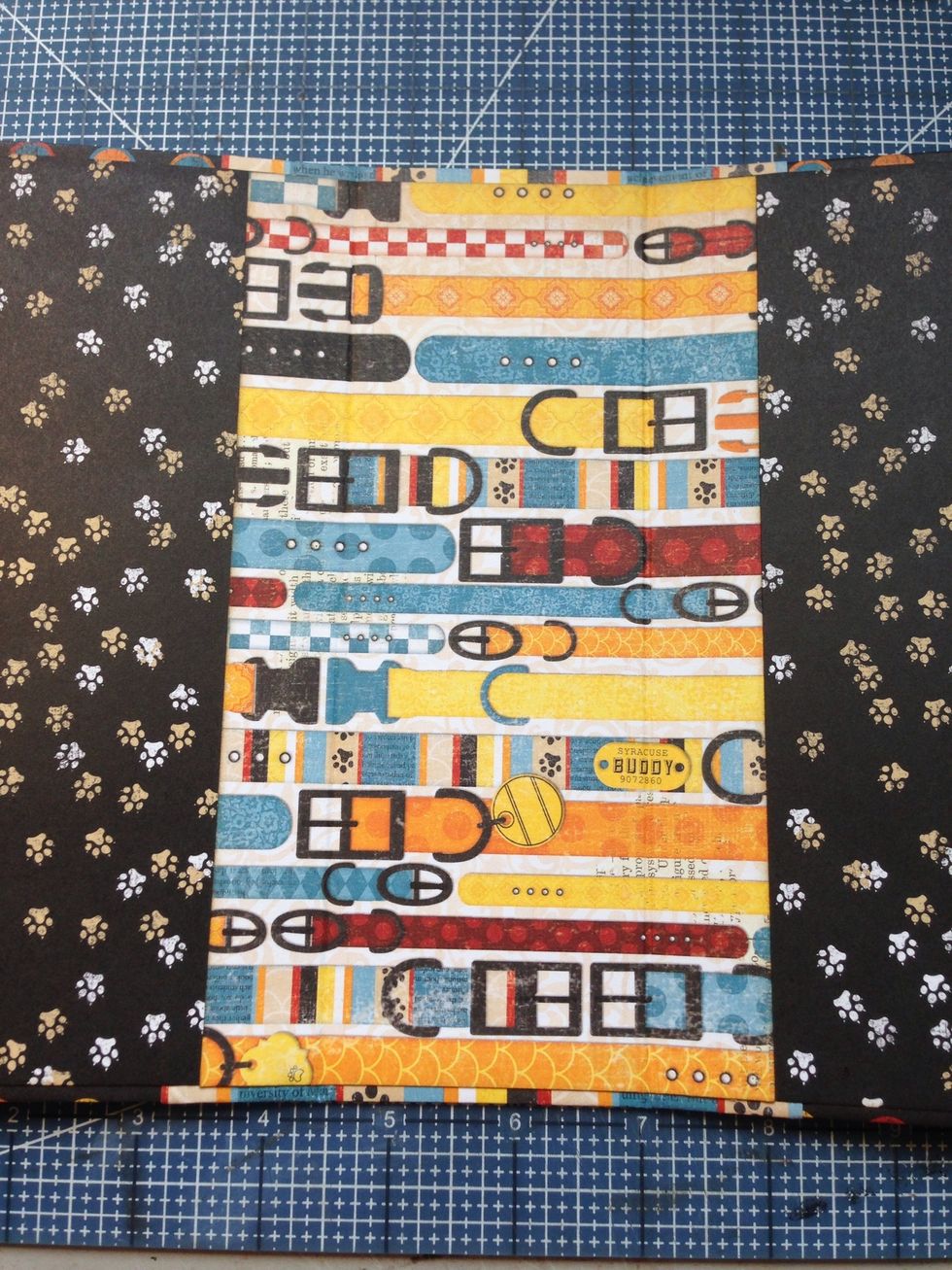 Cover spine with patterned paper. Apply glue or adhesive on each side of both joints of spine.