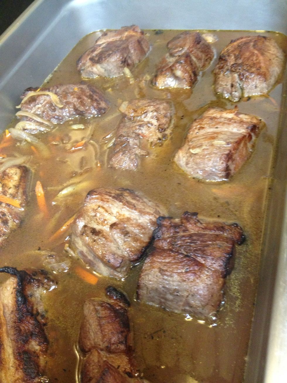 Cover steaks with cooking liquid