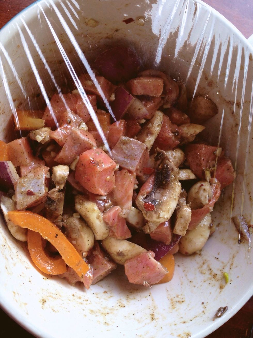 Cover the bowl with plastic wrap, and let marinade in the fridge for at least one hour minimum, or even overnight! Don't leave for longer than 12 hours.