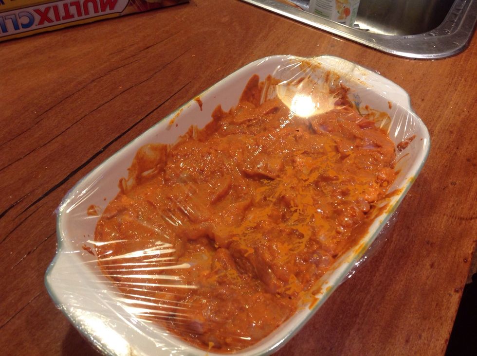 Cover the chicken with glad wrap then put it in the fridge over night to marinate.