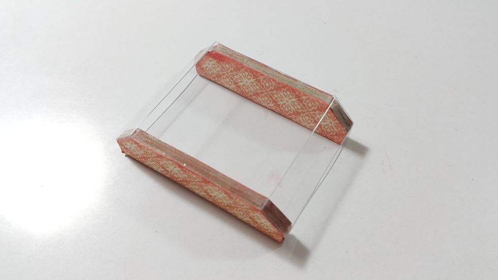 Cover the chipboard with pattern papers and then adhere the acetate on as shown, I use Scor-Tape here, strong enough.