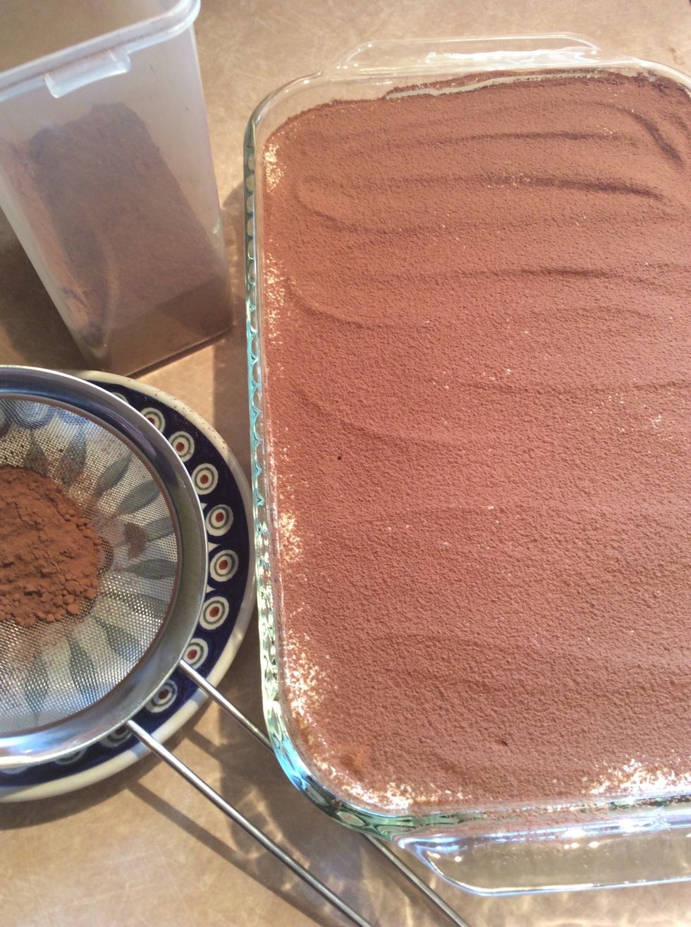 Cover the entire top of dessert with cocoa. Use a hot knife to slice dessert. Use a spatula to serve. Garnish with grated chocolate, chocolate sauce and fresh berries. Keep in the refrigerator 2-3days