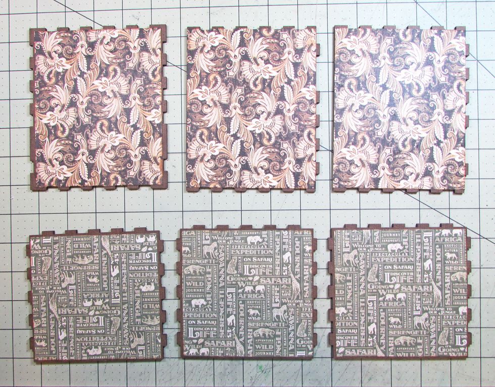 Cover the inside of all pieces with paper. Sponge the edges of the paper with brown ink.