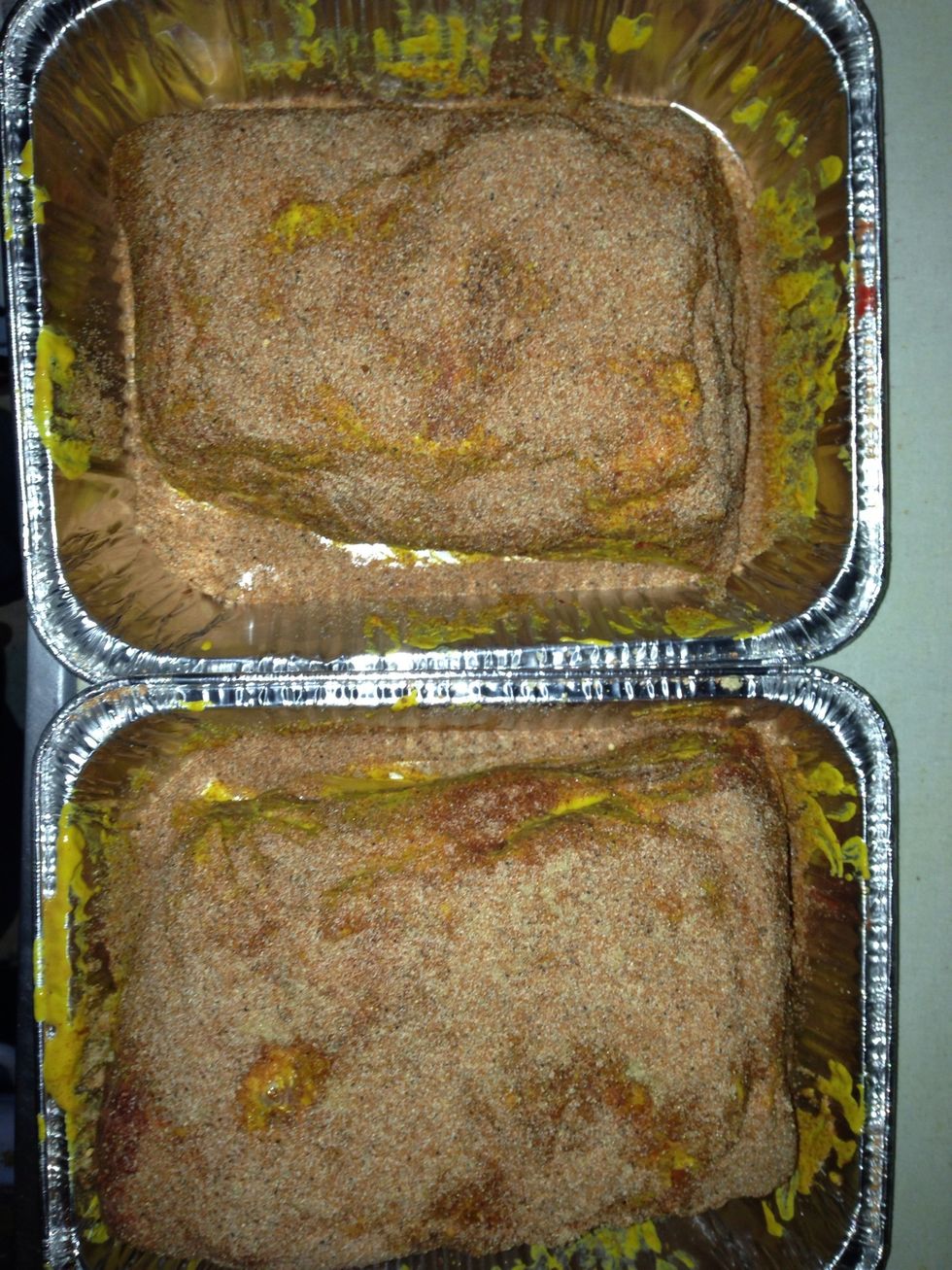 Cover the meat with your rub (save 2 Tbsp of rub). Make sure you get the bottom as well. Very important: save 2 Tbsp of the rub for the next step!