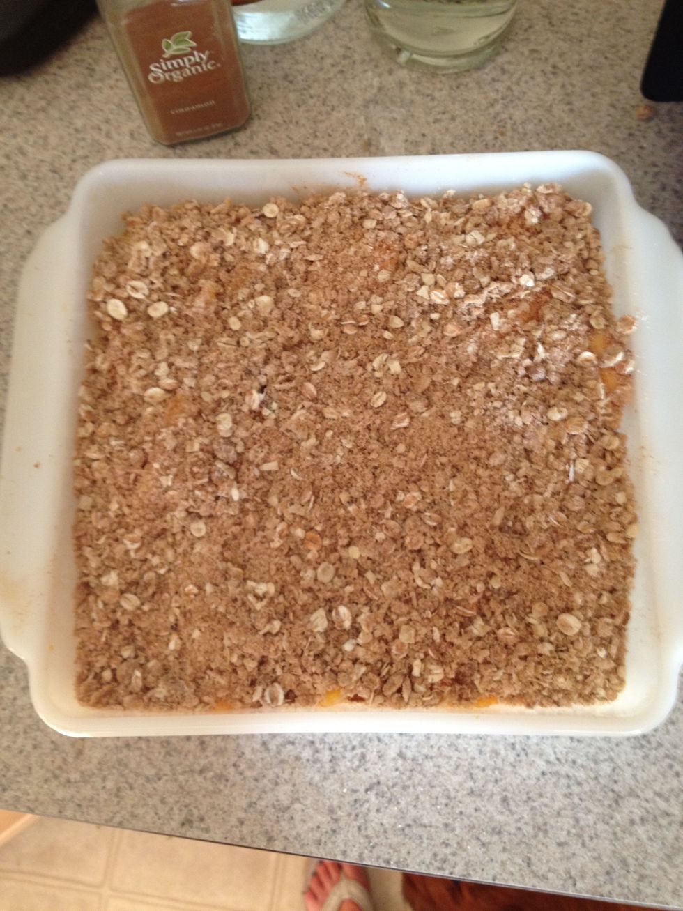 Cover the peaches with the topping. Put in the oven at 350 degrees F for 45 min. During the last few min if the topping isn't crispy- add a bit more butter & set the oven to broil. Don't let it burn!