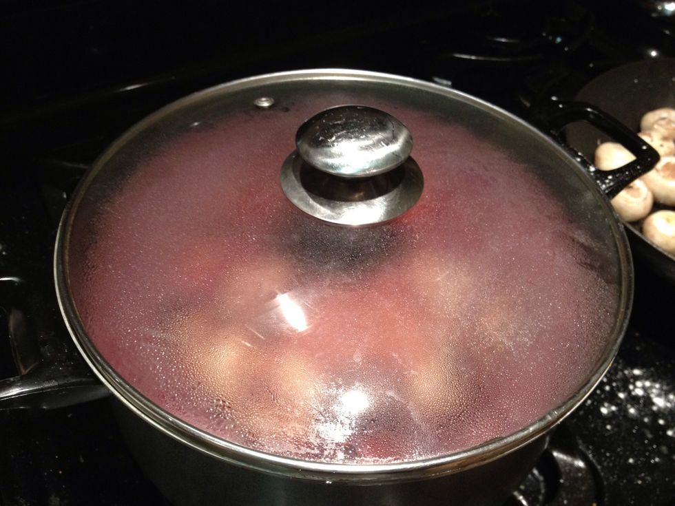 Cover the pot with a lid and reduce the heat slightly. This will stew for about 1 hour and 15 minutes.