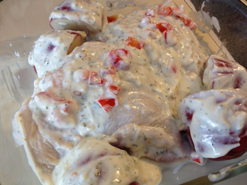 Cover the potatoes with the yogurt. Sprinkle with finely chopped bell pepper. Refrigerate for a couple hours, if you have time.