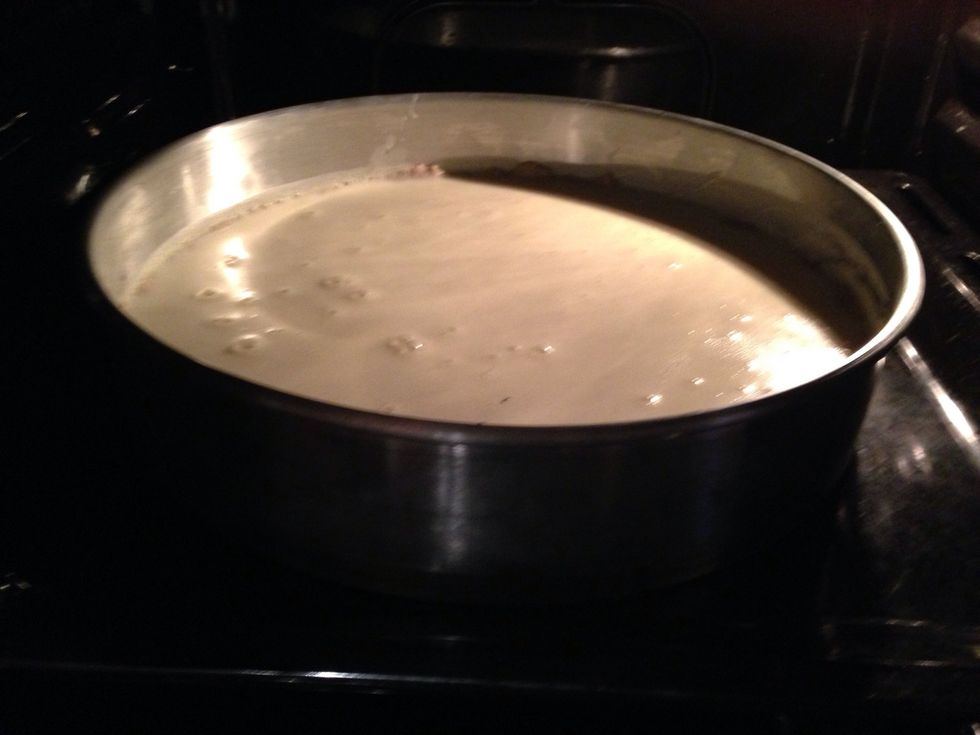 Cover the shell with the mix and bake for 1 hour (302F), until the mix is brown.