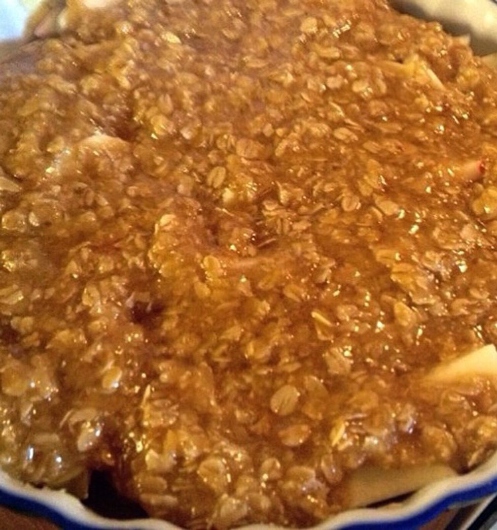 Cover the sliced apples with the yummy mix you have stirred together\ud83d\ude00 Bake in the oven for about 30min.