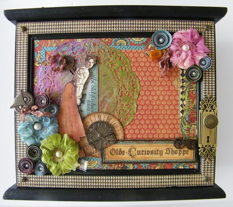 Cover top of box with Graphic 45 Olde Curiosity Shoppe, metals, flowers, and other delicious items.