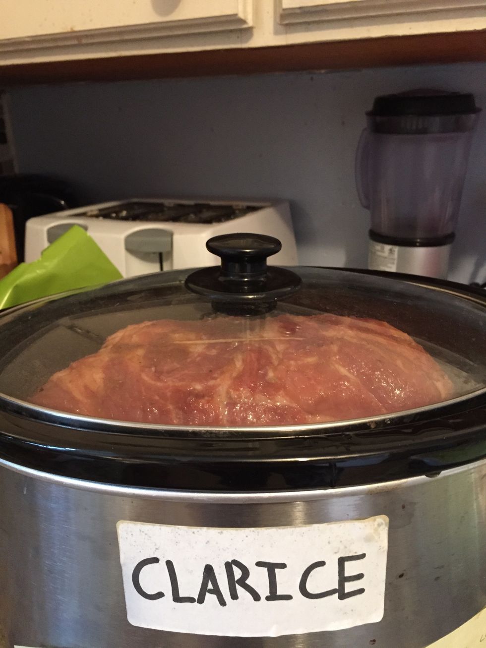 Cover, turn to low, and leave for 7 hours! (Our crockpot's name is Clarice)