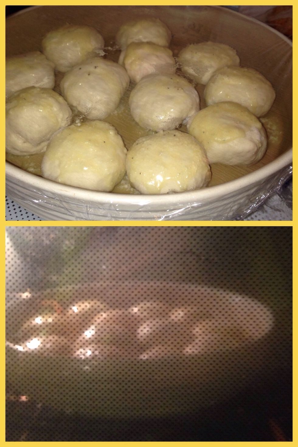 Cover up the pie pan with Saran Wrap and let the bread balls rise for and hour. When finished, put in the oven for 30 mins on 375 degrees. Or until golden brown on top.