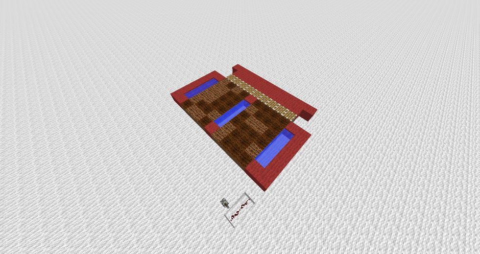 Cover up the redstone and make these water pockets. Make sure you add a water pocket every 4 dirt.