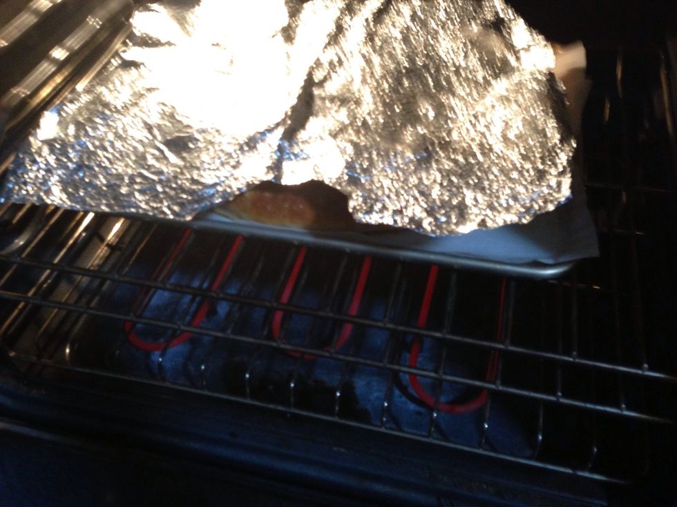 Cover with a piece of aluminum foil for the rest of the baking time. Don't cut the time short or the loaf won't be completely baked!