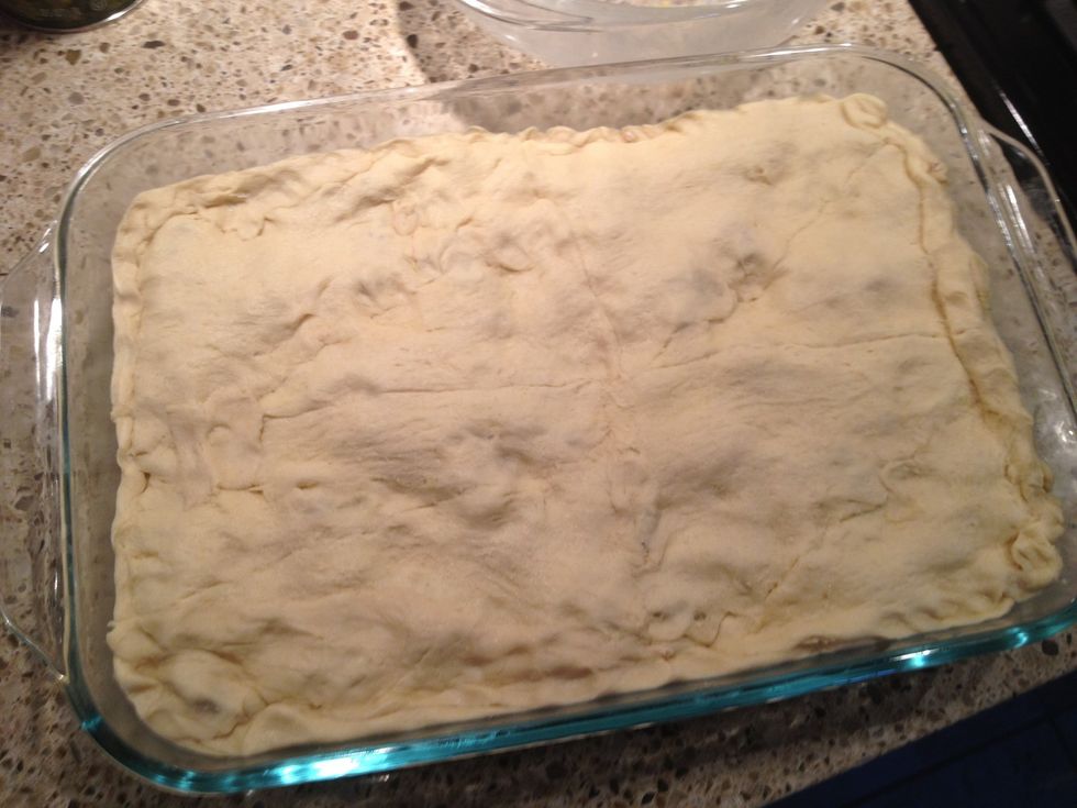 Cover with another can of crescent dough making sure to close seams. Use custom torn pieces from that 2nd can to be sure it is covered.