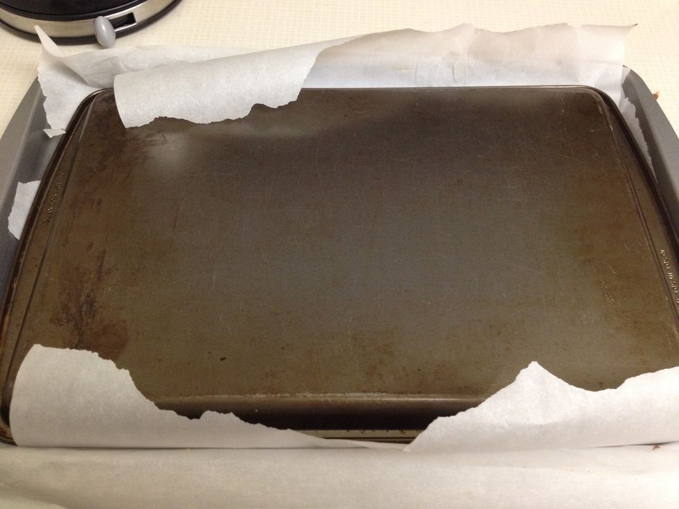 Cover with another sheet of parchment paper , place baking sheet on top and invert cake onto sheet. Cover with chocolate. Chill for 15 minutes.