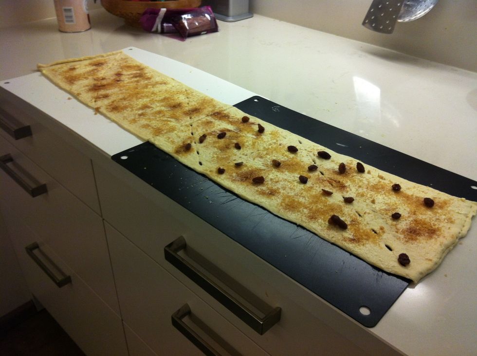 Cover with brown sugar, cinnamon and add a few raisins