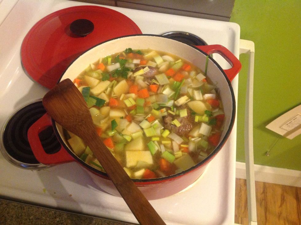 Cover with chicken stock, and simmer for around 2 hours or until the beef shin is super tender