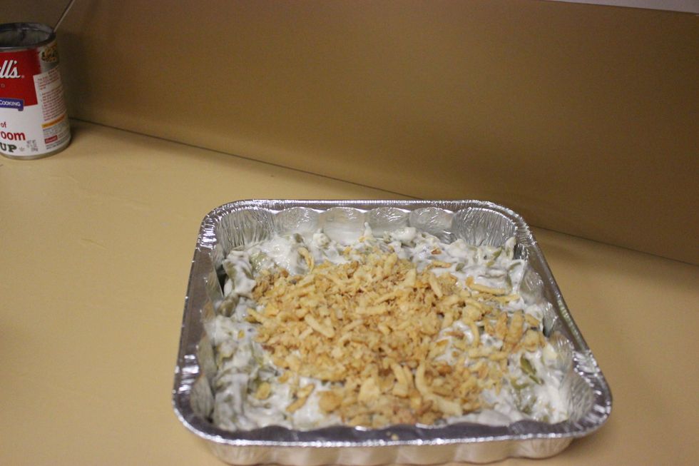 Cover with crushed French's French Fried Onion Rings.