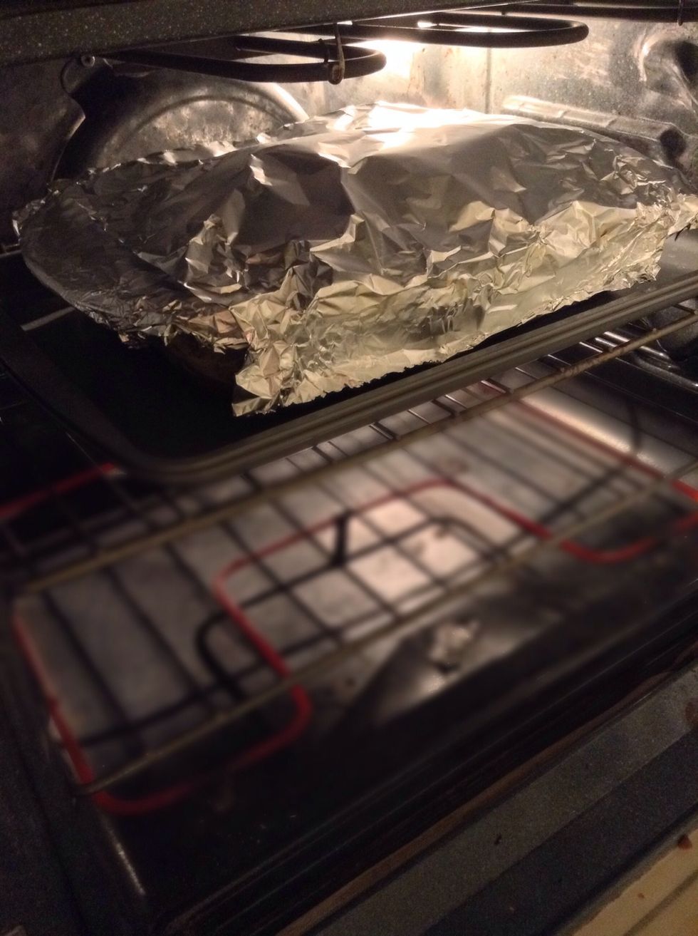 Cover with foil and bake for 30-35 minutes. To help prevent the cheese sticking to the foil, spray a little PAM or cooking spray onto the foil before covering.