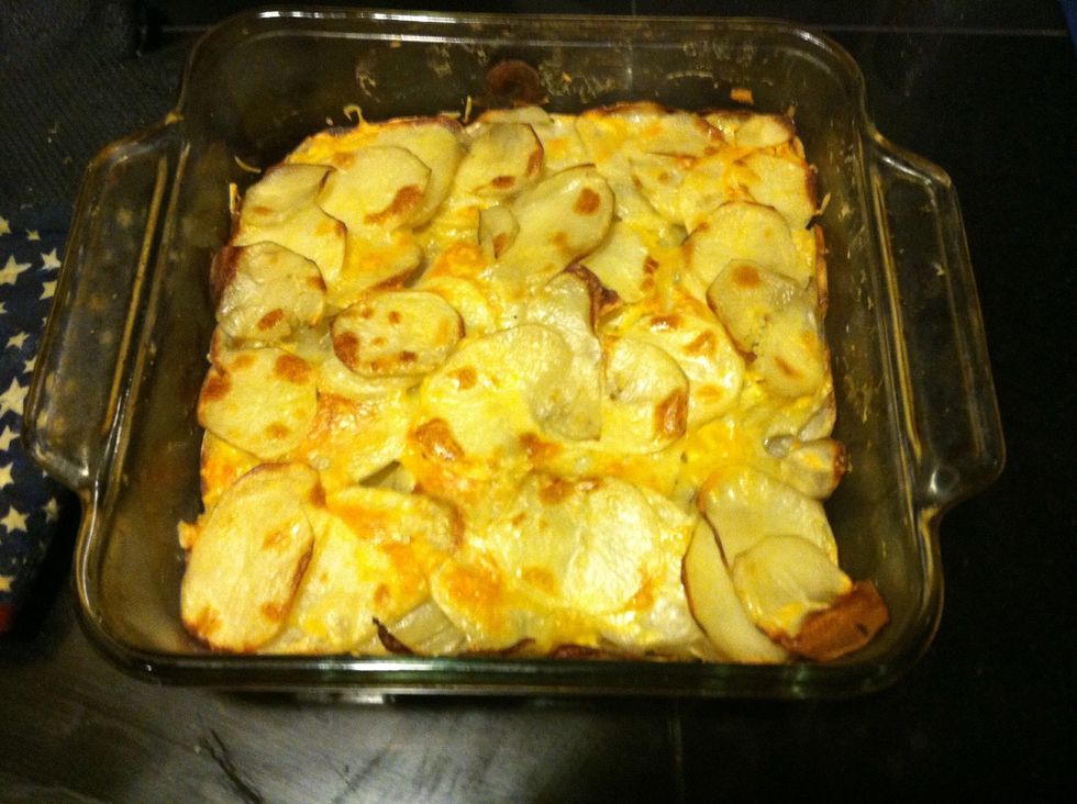 Cover with foil, put it in a 400 degrees oven for 35 minutes and take the foil off and let it get crispy on top for 10 minute.