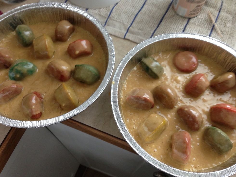 Cover with remaining batter and bake. Reduce the time from the directions from the recipe to about 20 mins or so. Keep checking and test for doneness with a toothpick.