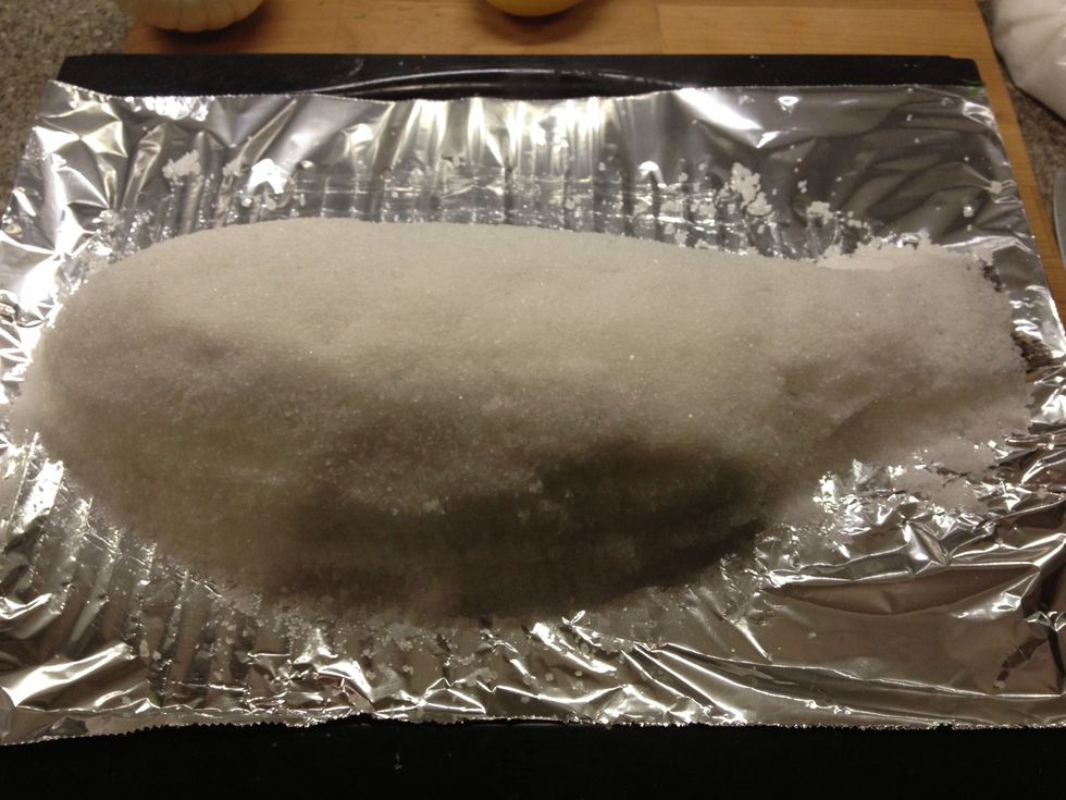 Cover with remaining salt mix and pat on. Then bake for 35-40minutes on 180c