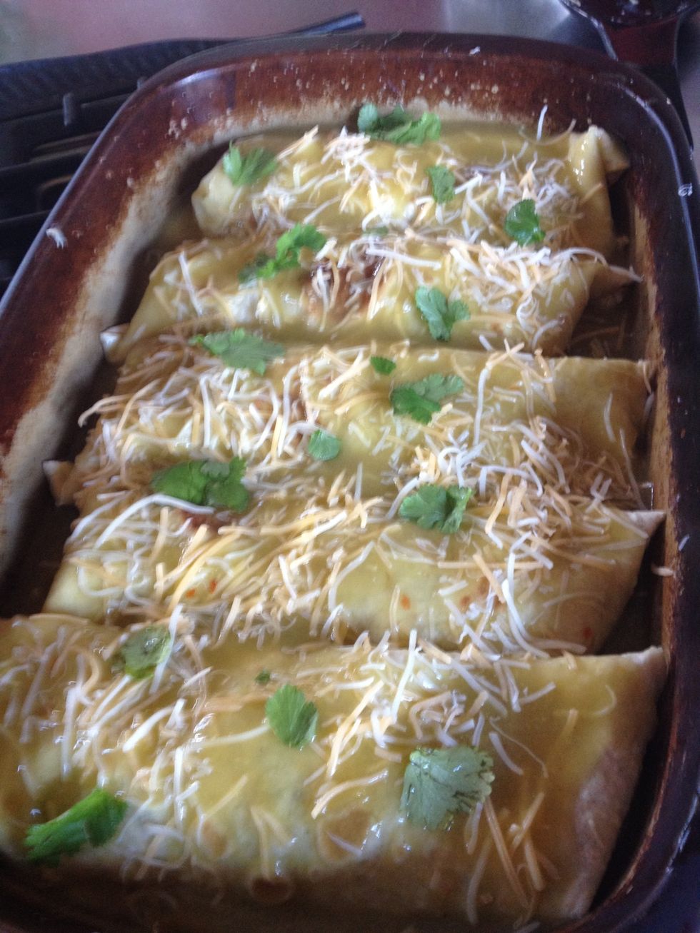 Cover with remaining sauce, sprinkle with cheese, fresh cilantro & black olives (I was out) and bake at 375 degrees in oven for 35 minutes. Shells will get slightly brown. Set aside for 15 minutes