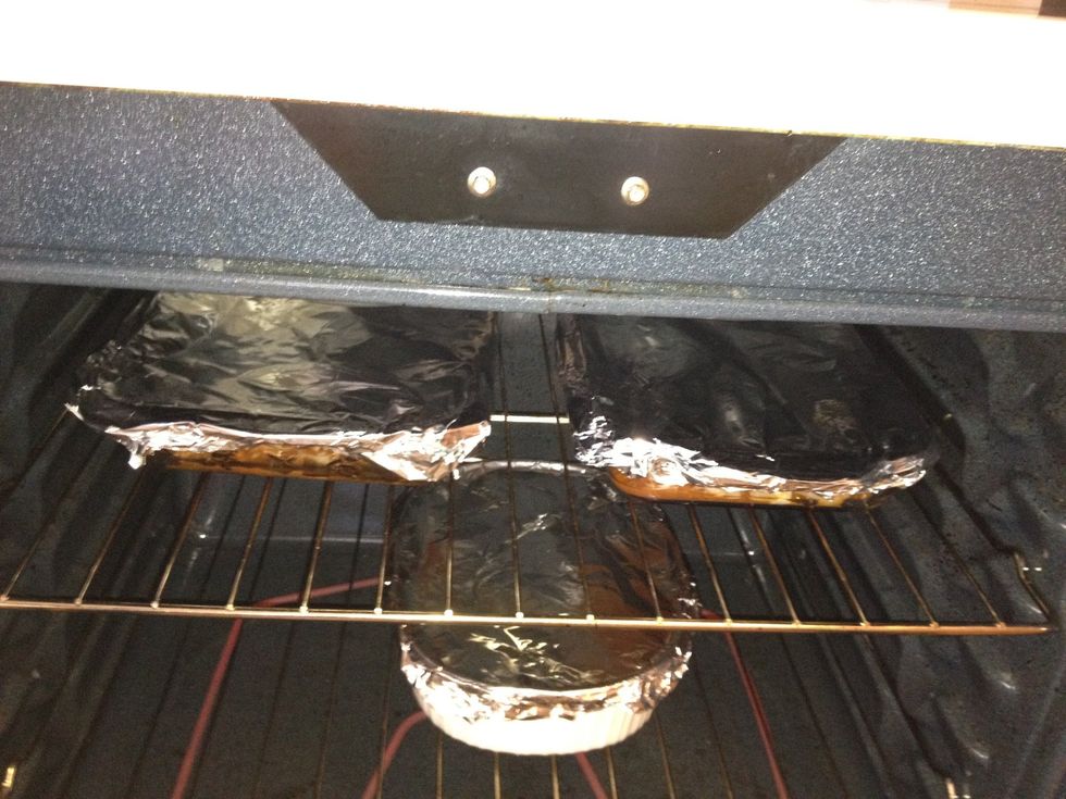 Cover with tin foil and bake for 20 mins covered. Bake the last 10 uncovered.