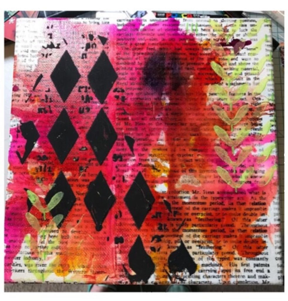 Cover your canvas with newsprint, here I used black modeling paste over a stencil