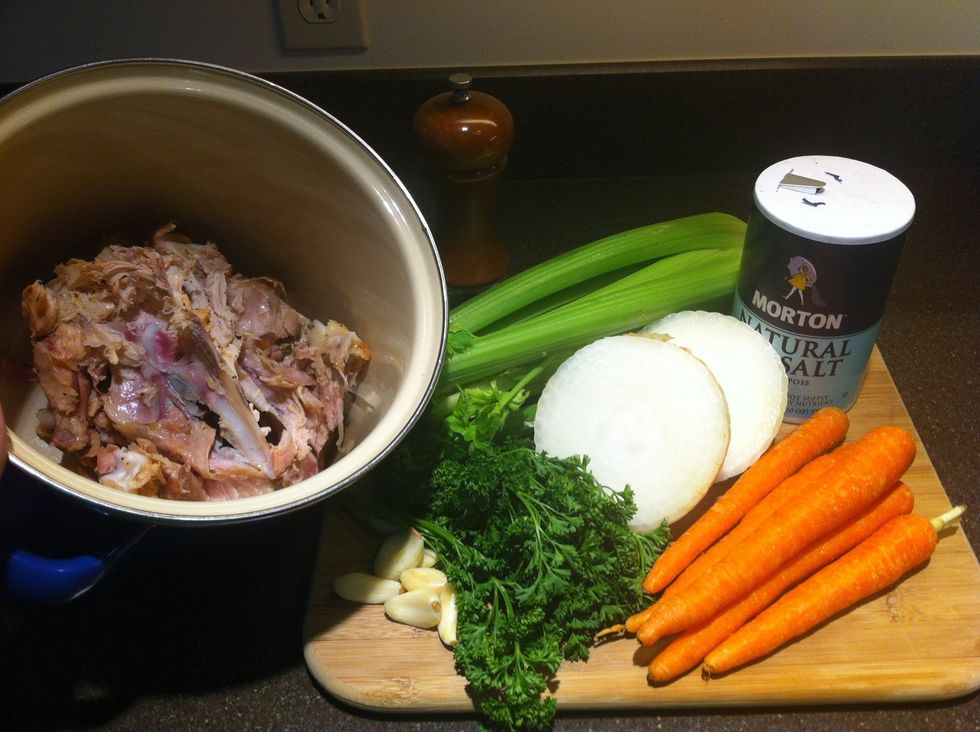 Cover your chicken, vegetable, and roux mixture with stock. I like to make my own stock (simmer carcass, garlic, parsley, onion, celery, carrot salt and pepper on low for 2-3 hours). So much flavor!