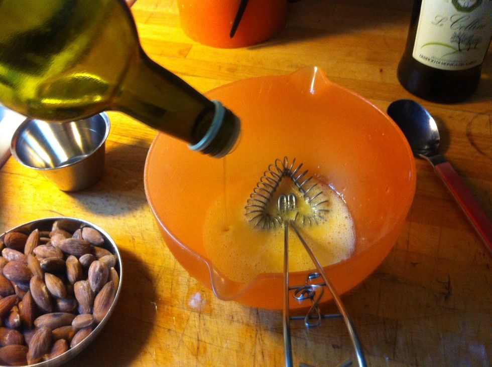 Crack the boiled egg in a bowl and then add 1 dl Olive oil while you whisk the egg.