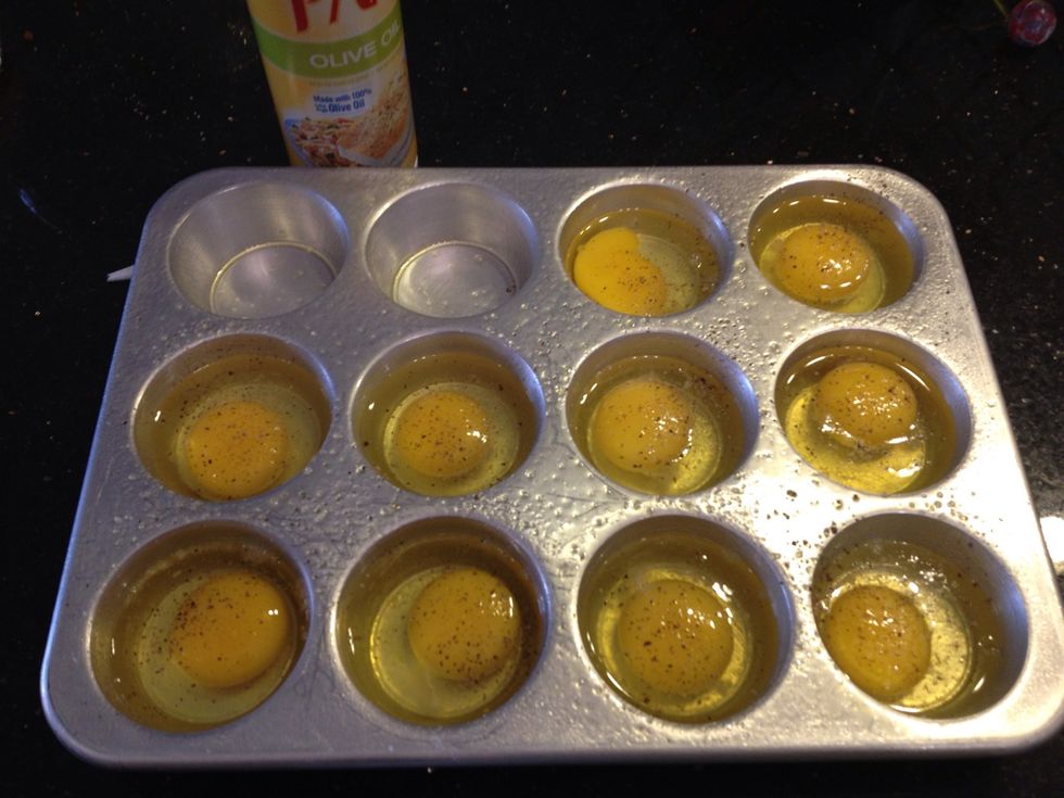 Crack your eggs in the greased pan.